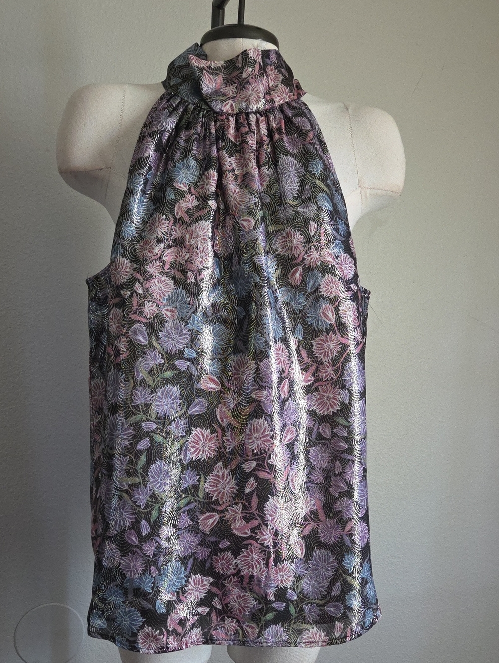 J. Crew Metallic Floral Halter Tunic in Black with Pink, Blue, and Green